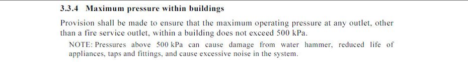 AS 3500.1 clause 3.3.4 Maximum water pressure Australian plumbing standards